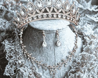 Wedding Gold Tiara Crown Jewelry Set, Silver Crystal Bridal Headpiece with Necklace Earrings, Elegant Bride Tiara, Rhinestone Princess Tiara