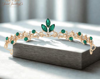 Gold Emerald Green Bridal Tiara, Marquise Crystal Leaf Crown, Luxury Wedding Headpiece, Royal Bride Hair Tiara, Statement Wedding Jewelry