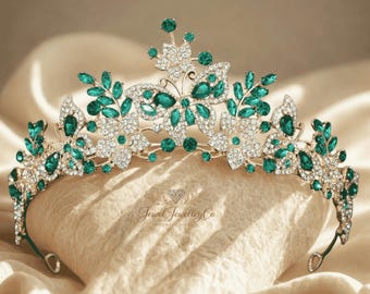 Emerald Butterfly Queen Crown, Green Crystal Bridal Tiara, Gold Vintage Princess Headpiece, Luxury Royal Wedding Hair Crown,Rhinestone Tiara