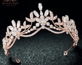 Rose Gold Bridal Tiara Crown, Crystal Wedding Headpiece, Luxury Princess Queen Crown, Floral Rhinestone Vine Tiara, Royal Bride Hair Tiara