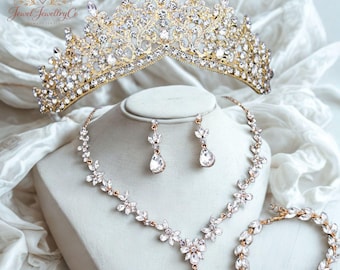 Luxury Bridal Tiara Set, Gold Crystal Crown Necklace Earrings Bracelet Set, Wedding Tiara for Bride, Princess Crown, Quinceanera Jewelry Set