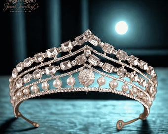 Gold Bridal Cz Tiara Crown, Crystal Pearl Wedding Headpiece, Vintage Queen Crown, Princess Tiara, Rhinestone Hair Tiara, Prom Pageant Crown