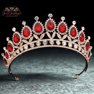 Rot Kristall Braut Tiara Krone, Rubin Rot Gold Königin Kopfschmuck, Hochzeit Strass Krone, Abschlussball Prinzessin Tiara, Luxus Braut Cz Haar Tiara
