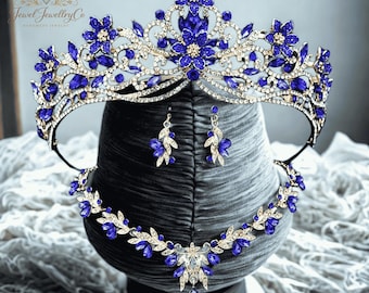 Royal Blue Bridal Tiara Set, Sapphire Crystal Wedding Crown, Queen Crown Necklace Earrings Set, Princess Pageant Jewelry,Vintage Bride Tiara