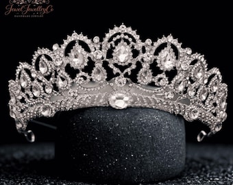 Imperial Silver Queen Crown Tiara, Heirloom Crystal Bridal Headpiece, Aristocrat Palace Wedding Crown, Couture Princess Pageant Hair Tiara