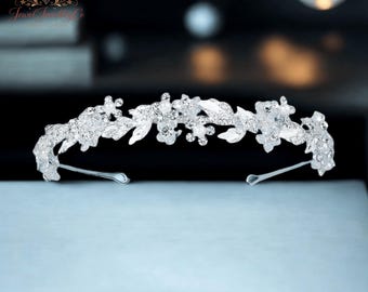 Tiara nupcial floral de cristal plateado, elegante diadema de boda, tocado de flores con diamantes de imitación, tiara clásica para novia, compromiso o dama de honor.