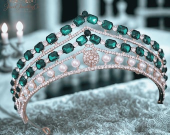 Green Bridal Tiara Crown, Emerald Gold Wedding Headpiece, Crystal Cz Pearl Queen Crown, Princess Tiara, Pageant Crown,Luxury Hair Crown,Gift