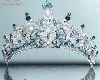Sky Blue Crystal Bridal Tiara Crown, Ice Queen Wedding Headpiece, Silver Rhinestone Hair Crown, Princess Prom Tiara, Luxury Cz Winter Diadem
