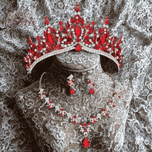 Ruby Red Bridal Tiara Set, Silver Crystal Wedding Crown Necklace Earrings, Royal Queen Headpiece, Gold Luxury Rhinestone Bridal Jewelry Set