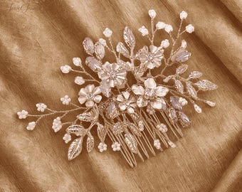 Rose Gold Crystal Pearl Bridal Hair Comb, Floral Wedding Hairpiece, Gold Crystal Bridal Hair Comb, Silver Hairpiece, Wedding Hair Jewelry