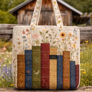 May include: Cream-colored tote bag with a floral and book design. The bag features embroidered flowers and a row of colorful, quilted books. The handles are cream-colored with floral embroidery. The background includes a wooden fence and a rustic building.