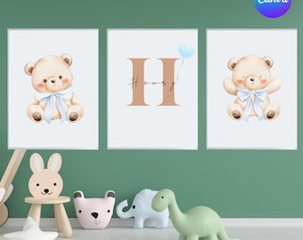 Set of 3 Teddy Bear Nursery Wall Art Prints | Bear Nursery Decor | Kids Room Decor | Bear Wall frame | Canva Editable | Gift for Baby Shower