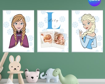 Set of 3 Anna Elsa Wall Art | Frozen Nursery Prints | Customized Name | Canva Editable Baby Photo | Kids Room Decor | Princess Printable Set