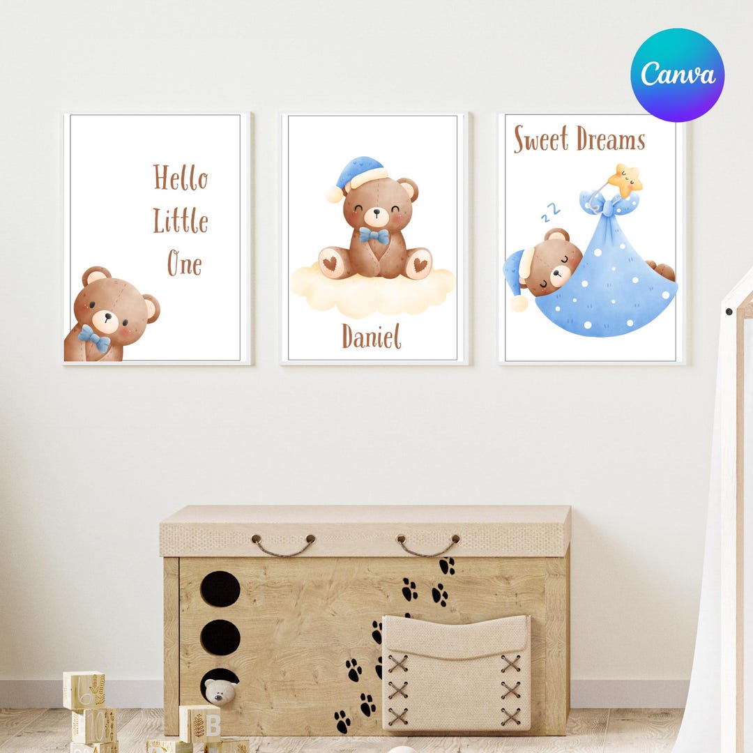 Cute Bear Wall Art | Set of 3 | Nursery Wall Frame | Custom Name ...