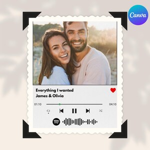 Könnte beinhalten: Gerahmter Foto-Druck mit einem lächelnden Paar. Der Druck enthält den Text "Everything I wanted" und die Namen "James & Olivia", zusammen mit einem Musikplayer-Oberflächendesign. Der Hintergrund ist eine weiche, verschwommene Außenszene.