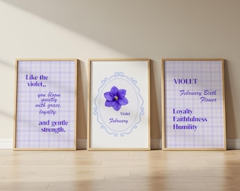 Februar Geburt Blumen Wand Kunst 3er Set | Violett Drucke | Minimal Blumen Dekor | Geburtsmonat Blumen Geschenk | Kinderzimmer Wanddeko