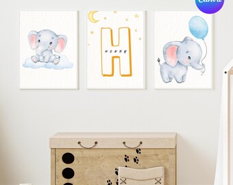 Baby Elephant Boy Nursery Wall Art | Set of 3 Wall Frames | Letter Art | Custom Name | Editable Canva Art | Personalized Baby Room Decor