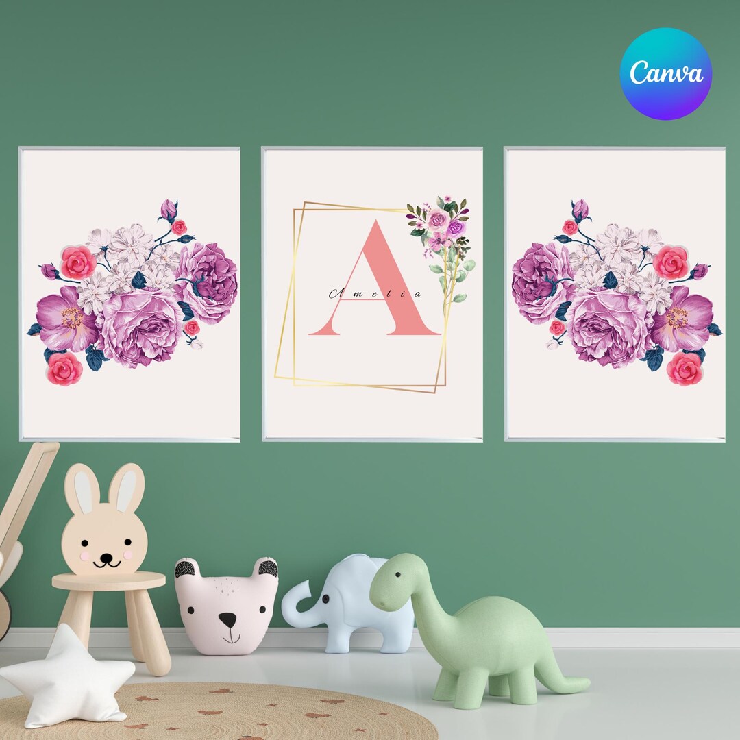 Floral Nursery Wall Art Set | Custom Name Print | Name Art for Girls ...