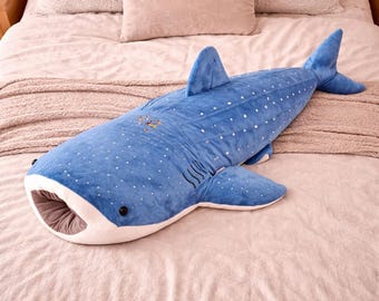 Almohada de peluche de tiburón ballena azul / Juguete de peluche de tiburón largo y suave, regalo para niños