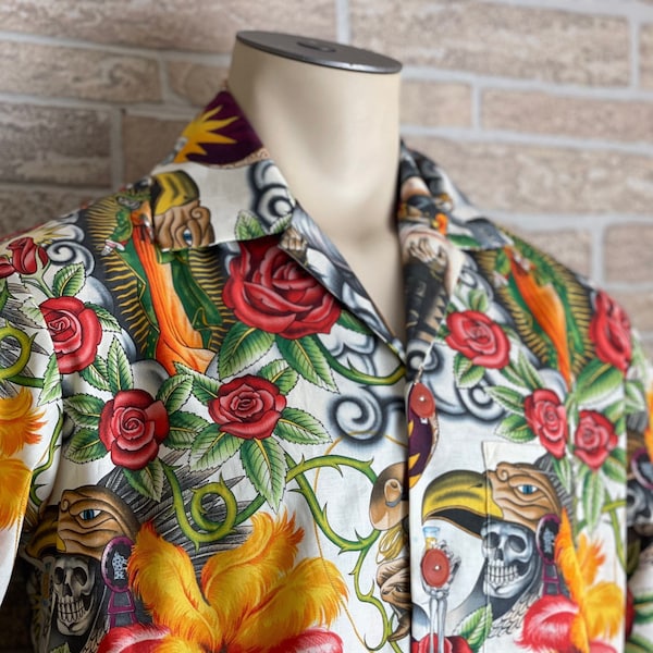 Dia de los muertos Hawaiian shirt with inspired images of the Virgin of Guadalupe