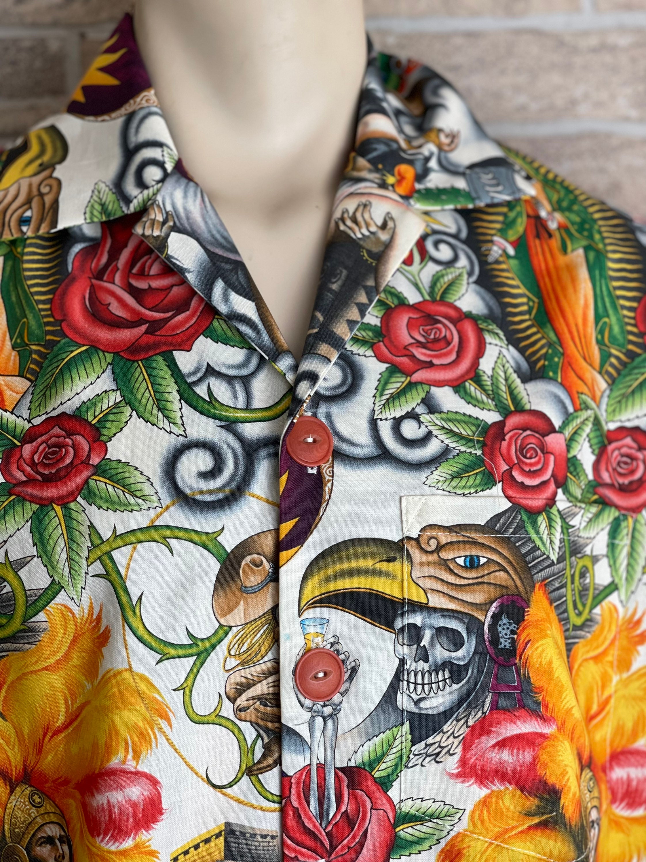 Dia de los muertos Hawaiian shirt with inspired images of the Virgin of Guadalupe
