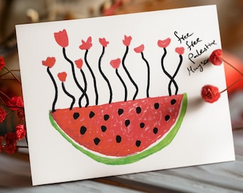 Gaza Blooms Again "Free Palestine" Greeting Cards - Watermelon Flower Illustration by Mayssa Shawwa