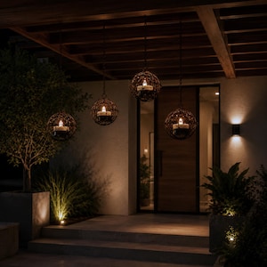 May include: Four spherical hanging lanterns made of dark brown woven metal wire, each containing a single lit candle. The lanterns are suspended by chains from a wooden ceiling structure above an entryway, casting a warm glow in the evening.