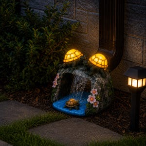 May include: A decorative outdoor water feature shaped like a stone grotto with three turtle figures. Two turtles with glowing yellow shells sit on top, while a third turtle rests in the blue basin below a small waterfall. Pink flowers adorn the sides.