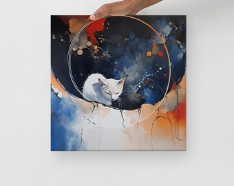 May include: Square canvas art print featuring a white cat curled up in a celestial scene. The artwork has a dark blue and orange background with a gold circle. The cat is the focal point of the artwork.