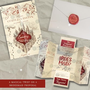 May include: Wedding invitation suite with a magical theme. The invitation features a castle illustration and the text "An Enchanting Wedding." Includes a tri-fold bridesmaid proposal card and an envelope with a red wax seal.