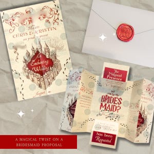 May include: A wedding invitation set featuring a cream-colored card with a red castle illustration and the text An Enchanting Wedding, a folded bridesmaid proposal card with the text Will you be my BRIDESMAID?, and a white envelope with a red wax seal.
