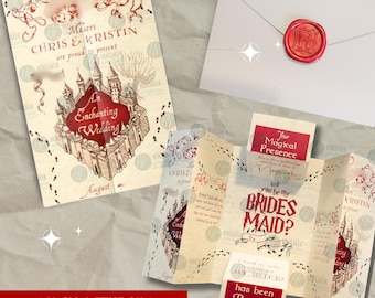 May include: A wedding invitation set featuring a cream-colored card with a red castle illustration and the text An Enchanting Wedding, a folded bridesmaid proposal card with the text Will you be my BRIDESMAID?, and a white envelope with a red wax seal.
