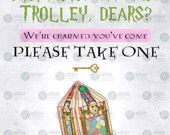Puede incluir: Ilustración caprichosa con el texto "ANYTHING OFF THE TROLLEY, DEARS?" y "WE'RE CHARMED YOU'VE COME PLEASE TAKE ONE." Se muestra una caja de "Every Flavour Beans" y una llave dorada. El diseño tiene una estética de cuento de hadas.
