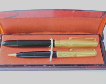 Vintage SOUYZ Zolotoe Pero Fountain Pen and Pencil Set, USSR, Gold Nib, Ruby Accents