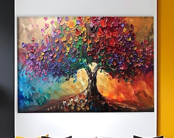 Colorful Abstract Tree Canvas, Vibrant Palette Knife Painting Print, Modern Rainbow Wall Art