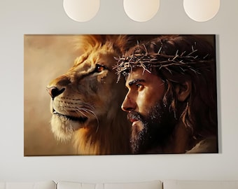 Jesus and Lion Canvas Art, Judah Christian Wall Print Painting, Religious Faith Poster