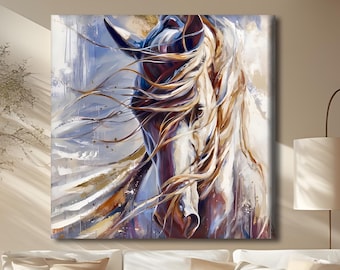 Abstract Horse Canvas Wall Art, Elegant White Stallion Painting, Modern Animal Artwork