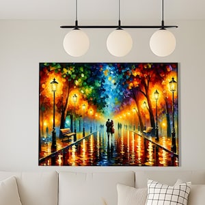 Romantic Rainy Park Canvas, Colorful Couple Wall Art, Afremov Style Night Street Painting