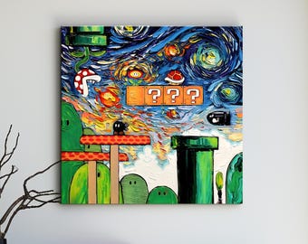 Starry Night Mario Canvas Art Painting, Van Gogh Mario Video Game Poster