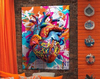 Graffiti Heart Canvas Art, Colorful Street Wall Art, Urban Pop Painting for Home Decor