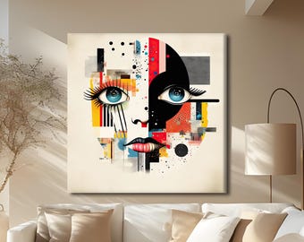 Abstract Woman Face Canvas, Modern Cubism Wall Decor, Colorful Geometric Portrait Print