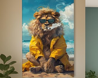 Comik  Lion Canvas Art, Funny Animal Poster, Modern Beach Vibe Painting, Trendy Home Decor