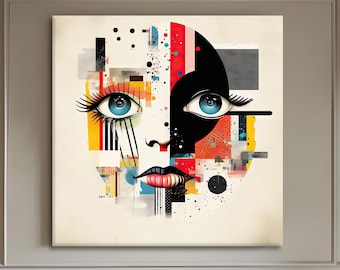 Abstract Woman Face Canvas, Modern Cubism Wall Decor, Colorful Geometric Portrait Print