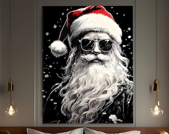 Christmas Santa Canvas Art, Hipster Wall Poster, Black & White Holiday Decor