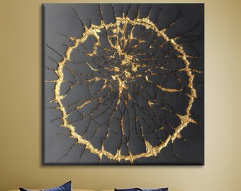 Abstract Gold Crack Canvas Art, Dark Charcoal Gold Leaf Print, Kintsugi Inspired Circle Poster