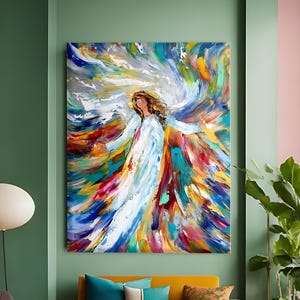 May include: Large abstract painting featuring a figure in a white gown with outstretched arms, surrounded by a vibrant explosion of color. The artwork uses bold brushstrokes and a palette of blues, yellows, reds, and whites.