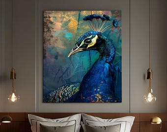 Peacock Canvas Wall Art, Elegant Blue Bird Poster, Luxurious Nature Decor