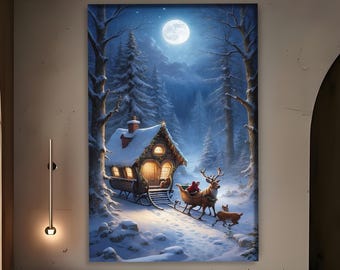 May include: A winter scene painting depicts a cozy cottage with a lit interior, a sleigh pulled by reindeer, and a full moon in a snowy forest. The artwork features a palette of blues, whites, and warm interior lighting, creating a festive and inviting atmosphere.