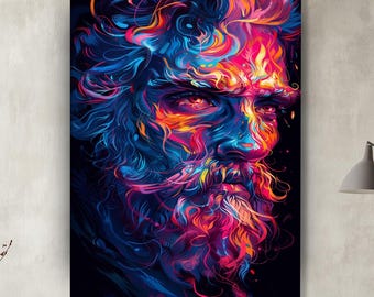 Abstract Fiery Portrait Canvas Art, Vibrant Neon Face Painting, Colorful Fantasy Wall Decor