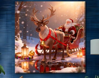 Santa Sleigh Reindeer Canvas Art, Winter Christmas Print, Snowy Lantern Lights Poster